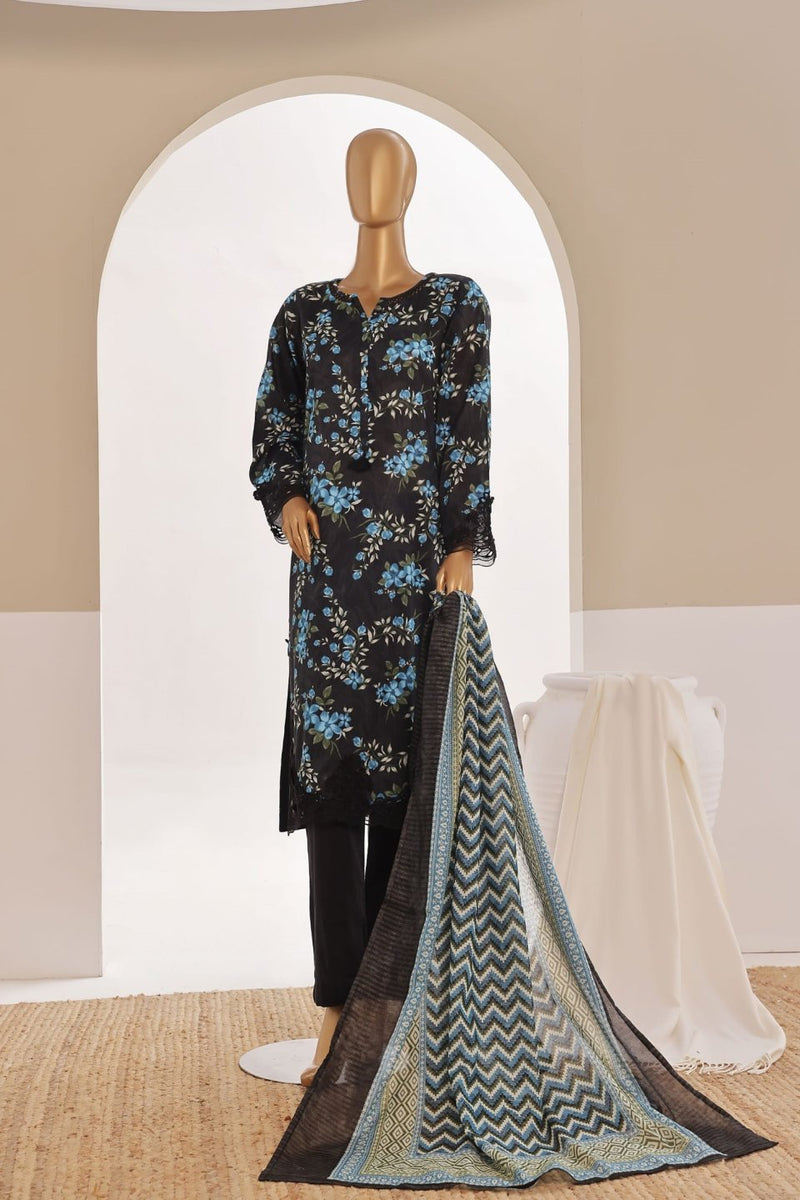 Luxury Lawn - Stitched Printed 3piece With Lace work & Cut work  - Black