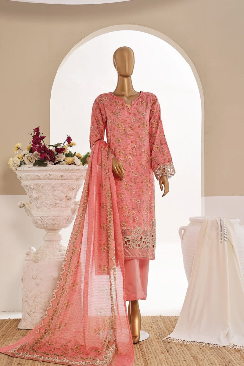 Luxury Lawn - Stitched Printed 3piece With Lace work & Cut work  - Pink