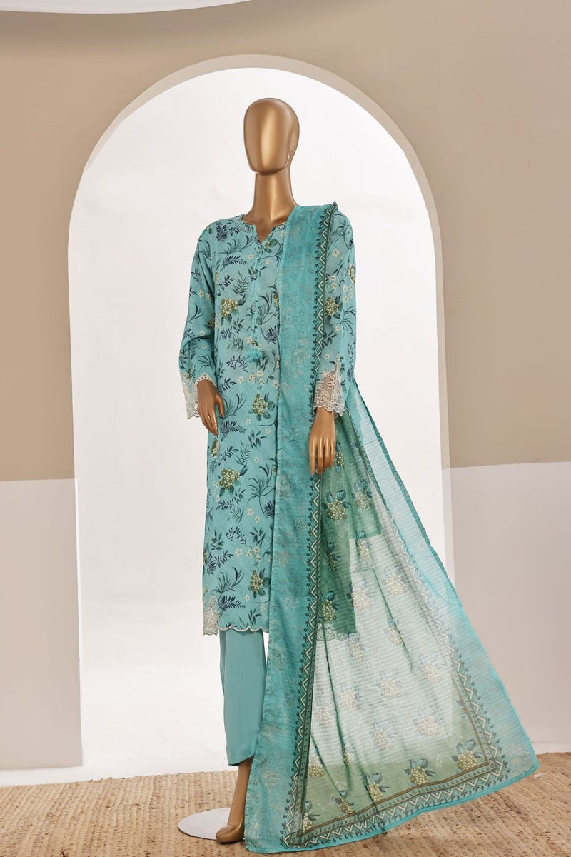 Luxury Lawn - Stitched Printed 3piece With Lace work & Cut work  - Ferozi