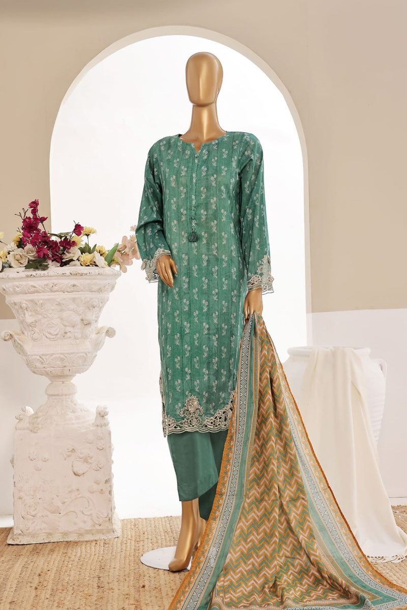 Luxury Lawn - Stitched Printed 3piece With Lace work & Cut work  - Green