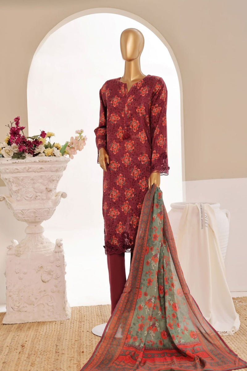 Luxury Lawn - Stitched Printed 3piece With Lace work & Cut work  - Maroon