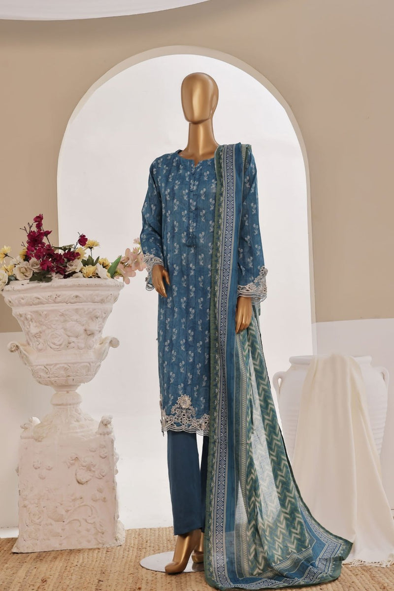 Luxury Lawn - Stitched Printed 3piece With Lace work & Cut work  - Teal