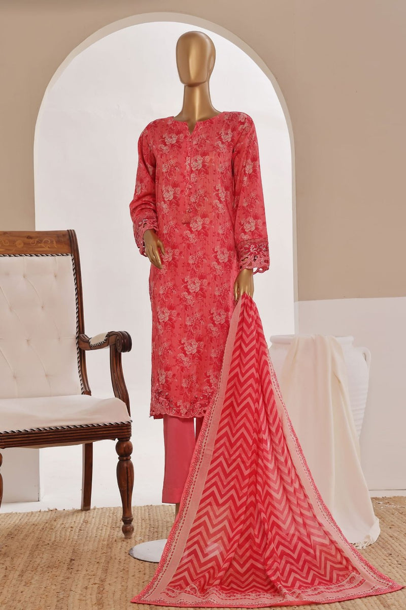 Luxury Lawn - Stitched Printed 3piece With Lace work & Cut work  - Pink