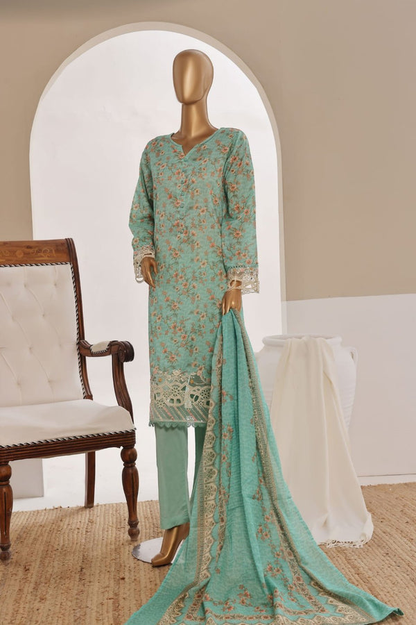 Luxury Lawn - Stitched Printed 3piece With Lace work & Cut work  - Pista