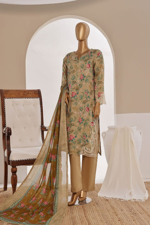 Luxury Lawn - Stitched Printed 3piece With Lace work & Cut work  - Skin