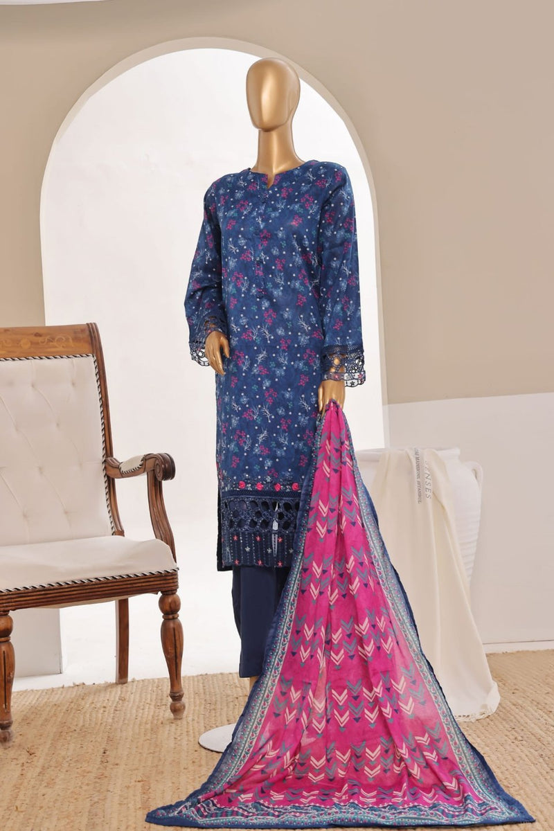 Luxury Lawn - Stitched Printed 3piece With Lace work & Cut work  - R.Blue