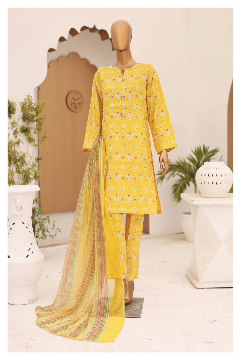 Lawn - Stitched Printed 3piece with Chiffon Dupatta - Yellow