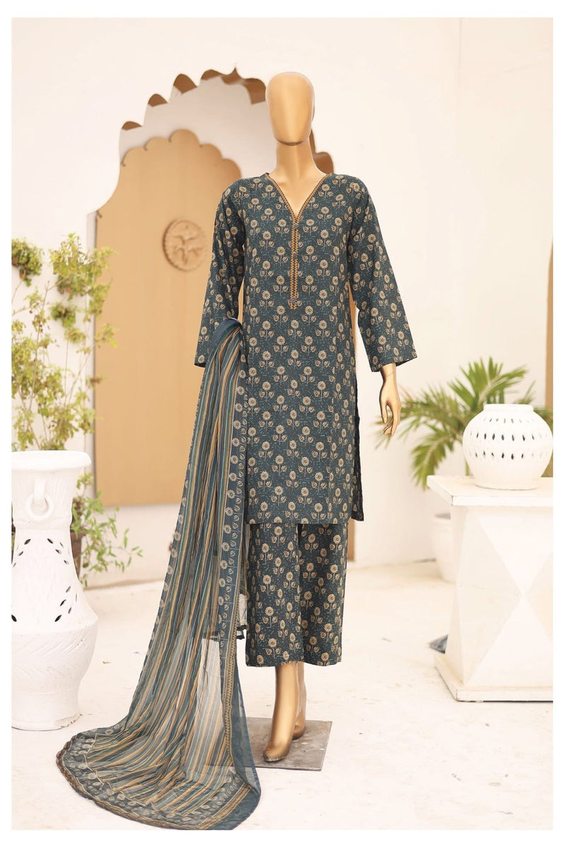 Lawn - Stitched Printed 3piece with Chiffon Dupatta - D.Green