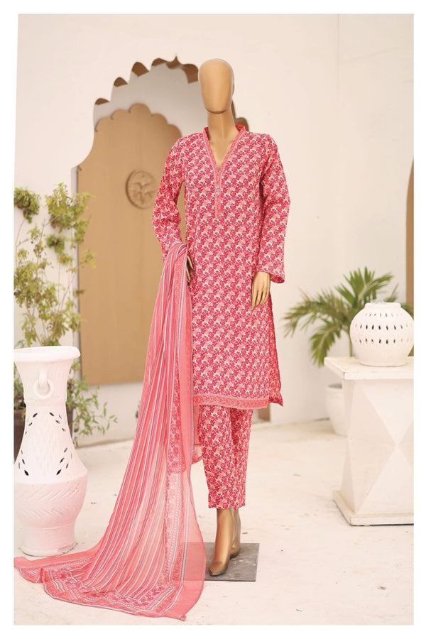 Lawn - Stitched Printed 3piece with Chiffon Dupatta - Pink