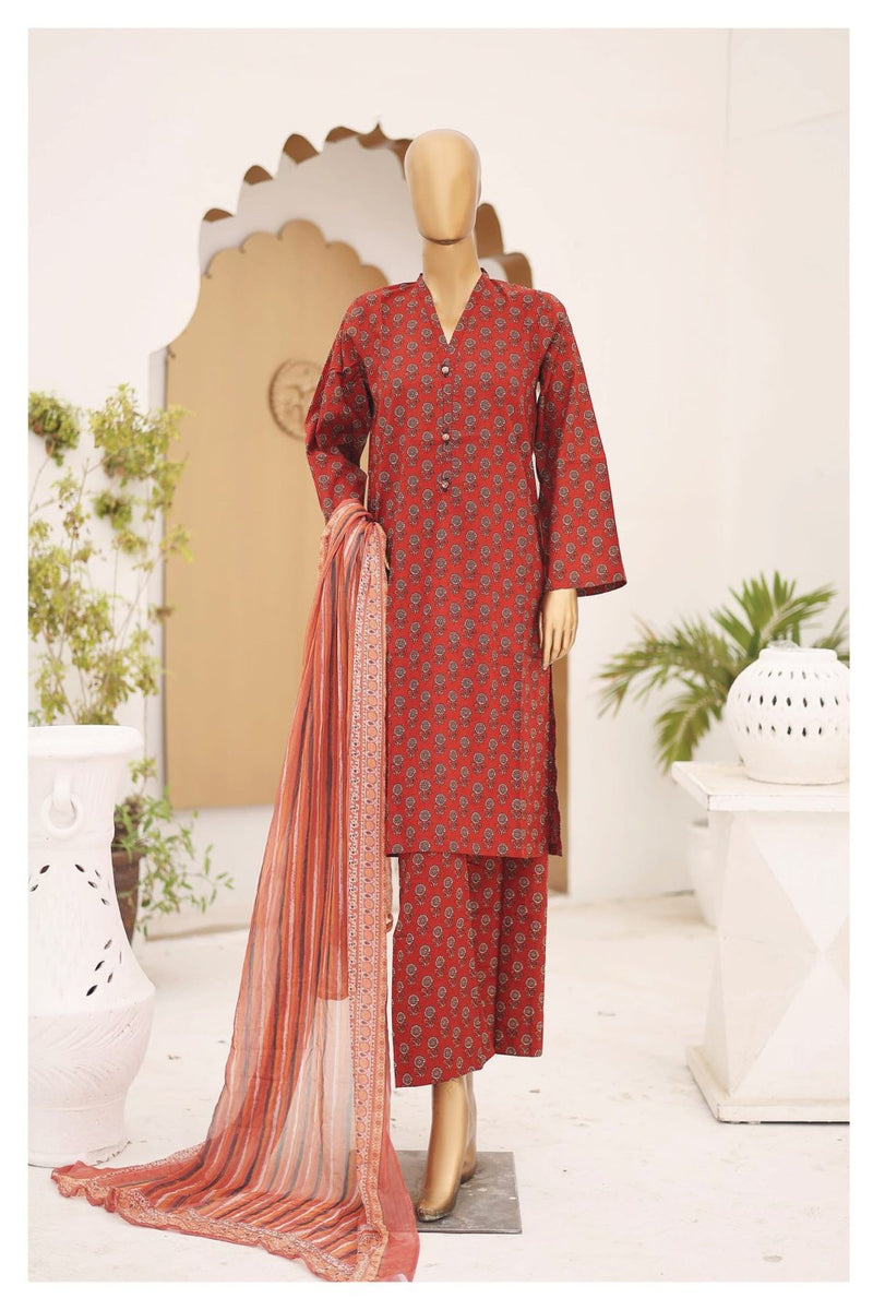 Lawn - Stitched Printed 3piece with Chiffon Dupatta - Maroon