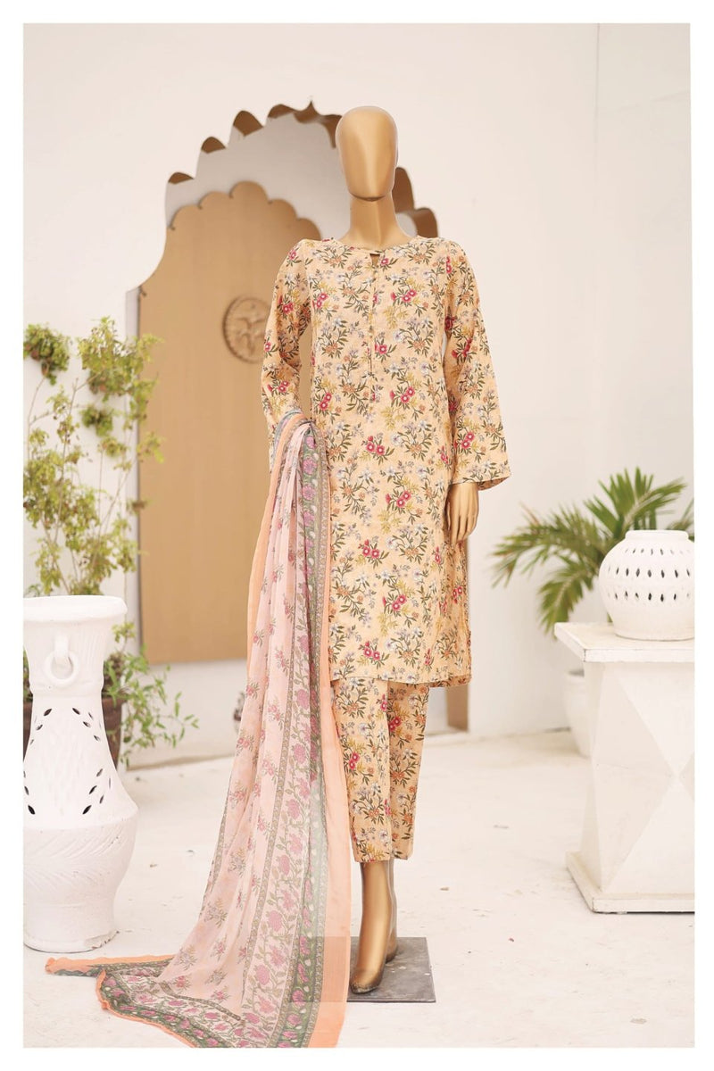 Lawn - Stitched Printed 3piece with Chiffon Dupatta - Skin