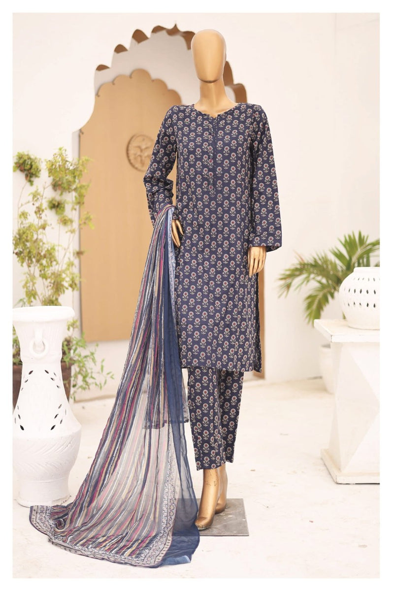 Lawn - Stitched Printed 3piece with Chiffon Dupatta - Blue