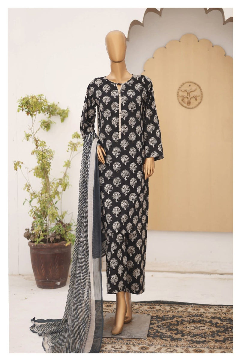 Lawn - Stitched Printed 3piece with Chiffon Dupatta - Black