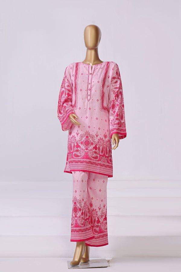 Lawn Co-ords - Stitched Printed Kurti & Trouser with Lace work - Pink