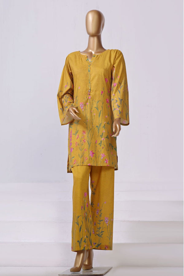 Lawn Co-ords - Stitched Printed Kurti & Trouser with Lace work - Yellow