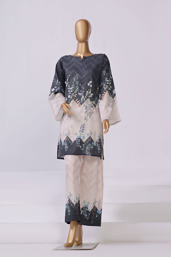 Lawn Co-ords - Stitched Printed Kurti & Trouser with Lace work - Black-White