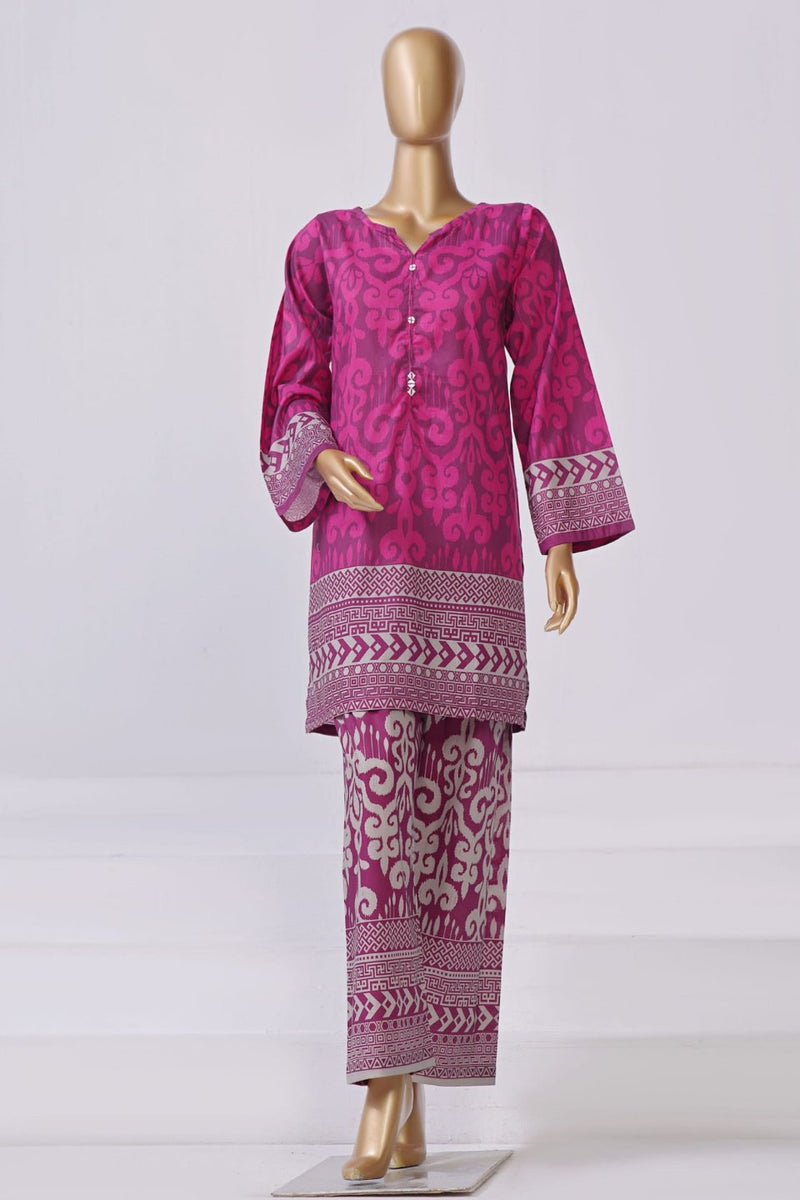 Lawn Co-ords - Stitched Printed Kurti & Trouser with Lace work - Fuchsia