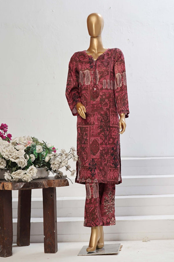 Lawn Co-ords - Stitched Printed Kurti & Trouser with Lace work - Maroon