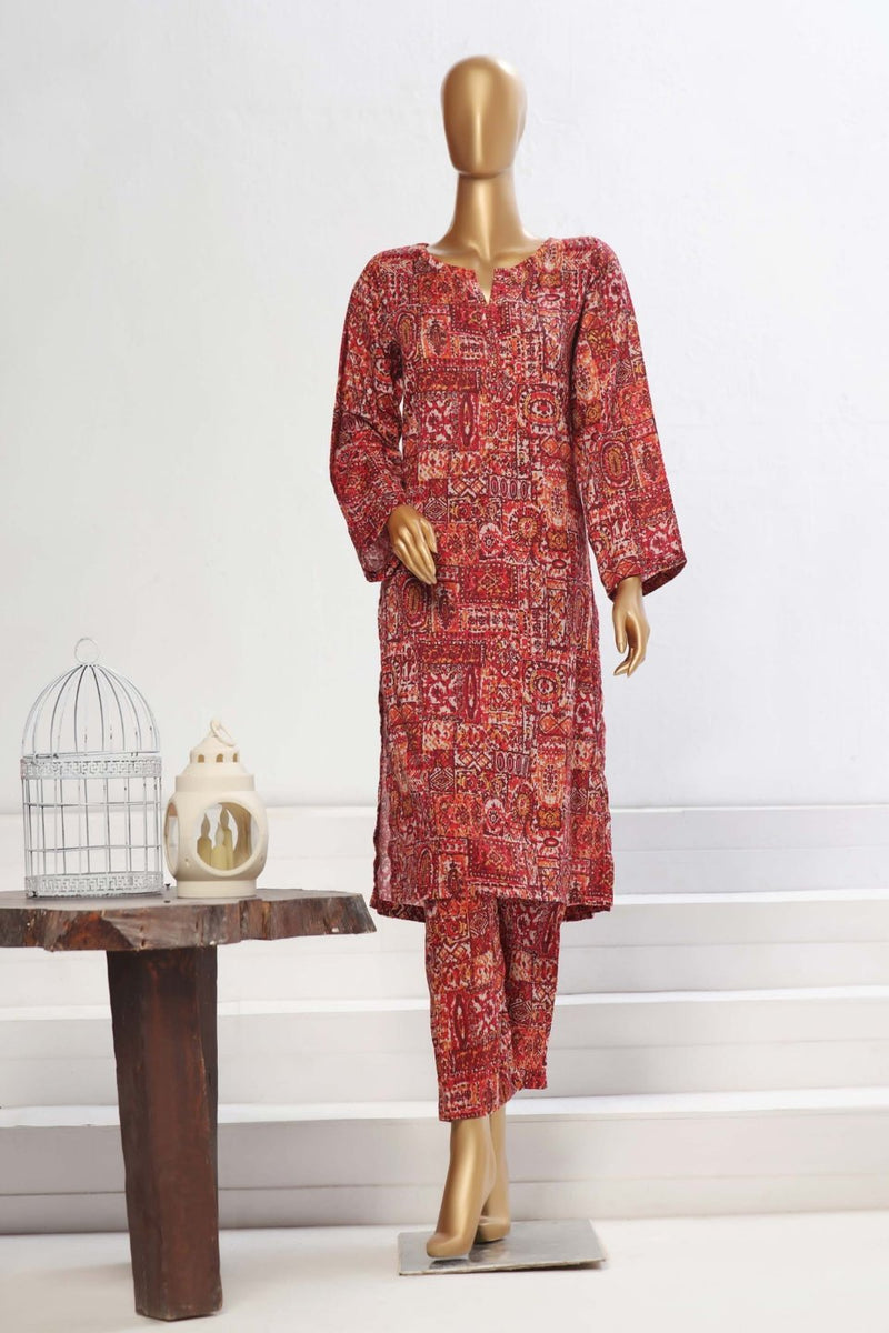 Lawn Co-ords - Stitched Printed Kurti & Trouser with Lace work - Red