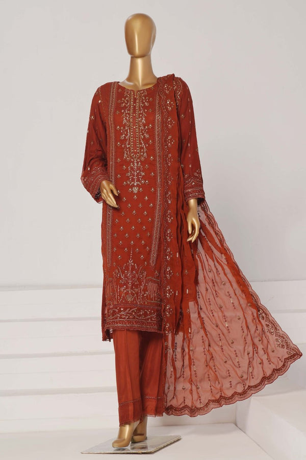 Formal Luxury Chiffon - Stitched Embroidered 3piece with Emb Dupatta - Rust