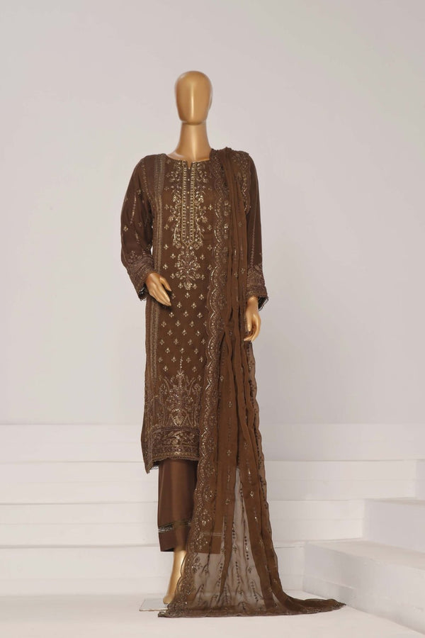 Formal Luxury Chiffon - Stitched Embroidered 3piece with Emb Dupatta - Brown