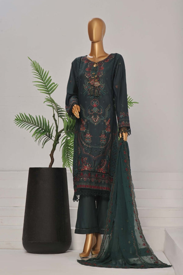 Lawn Chikankari - Stitched Embroidered 3piece with Embroidered Chiffon Dupatta  - Green