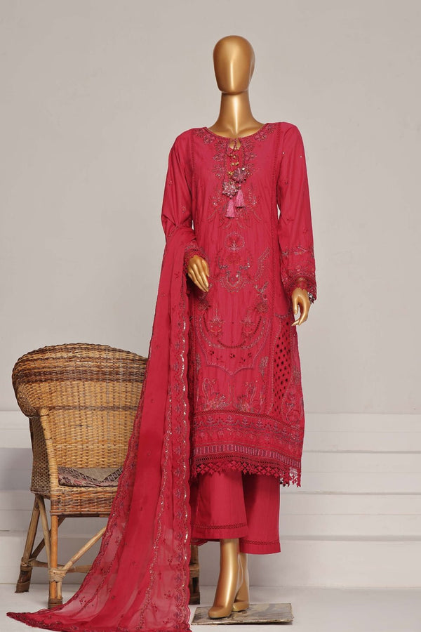 Lawn Chikankari - Stitched Embroidered 3piece with Embroidered Chiffon Dupatta  - Fuchsia