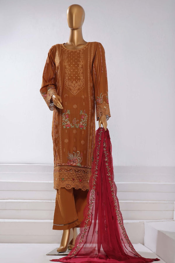 Lawn Chikankari - Stitched Embroidered 3piece with Embroidered Chiffon Dupatta  - Mustard