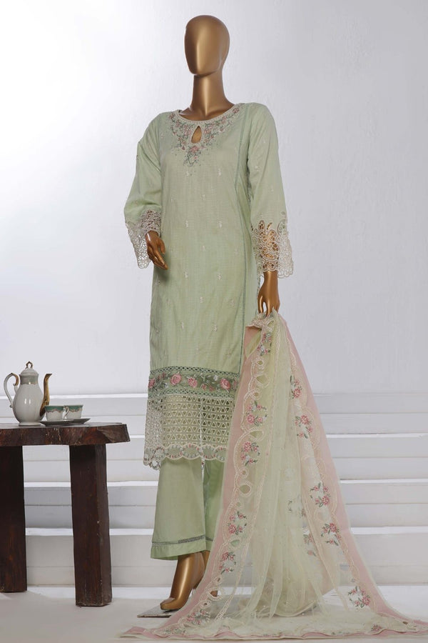 Lawn Chikankari - Stitched Embroidered 3piece with Embroidered Organza Dupatta  - Pista