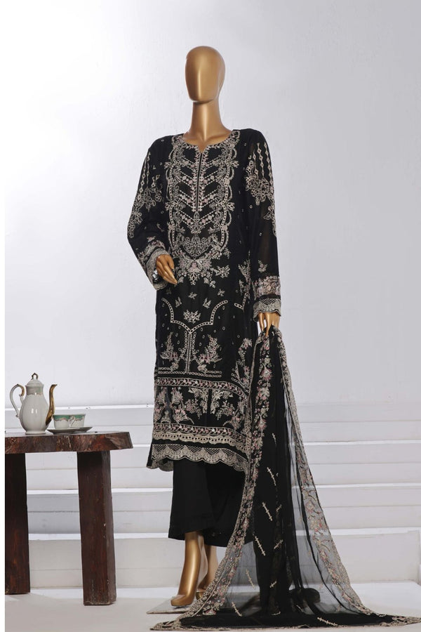 Lawn Chikankari - Stitched Embroidered 3piece with Embroidered Chiffon Dupatta  - Black