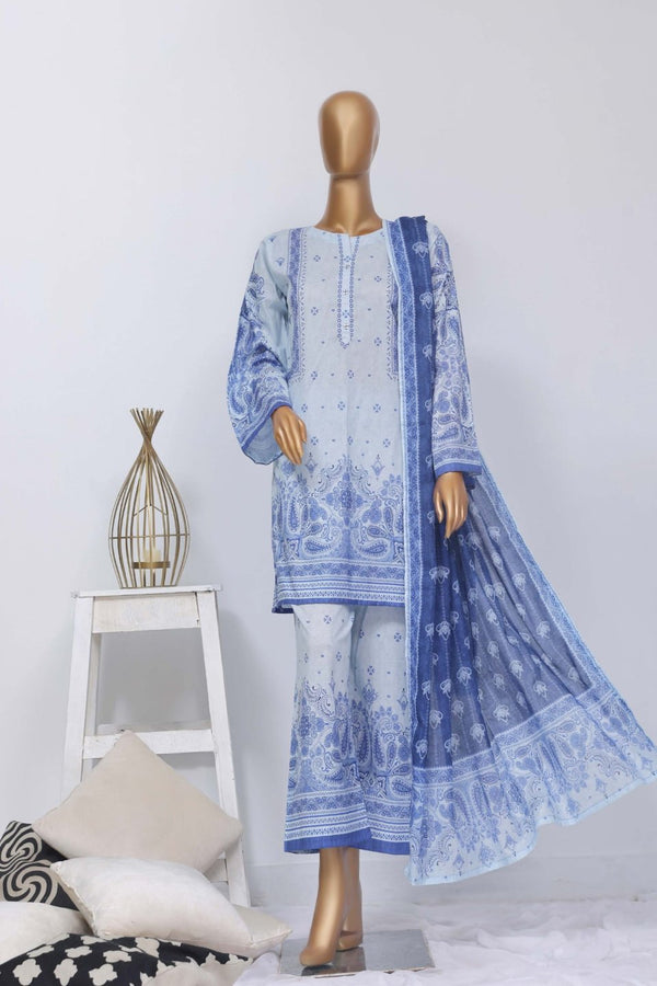 Lawn - Stitched Printed 3piece with Lace work - Sky-Blue