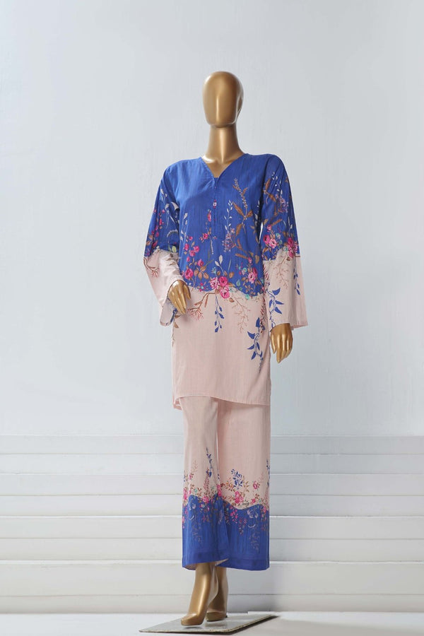 Lawn Co-ords - Stitched Printed Kurti & Trouser with Lace work - R.Blue