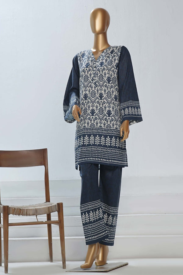 Lawn Co-ords - Stitched Printed Kurti & Trouser with Lace work - Blue