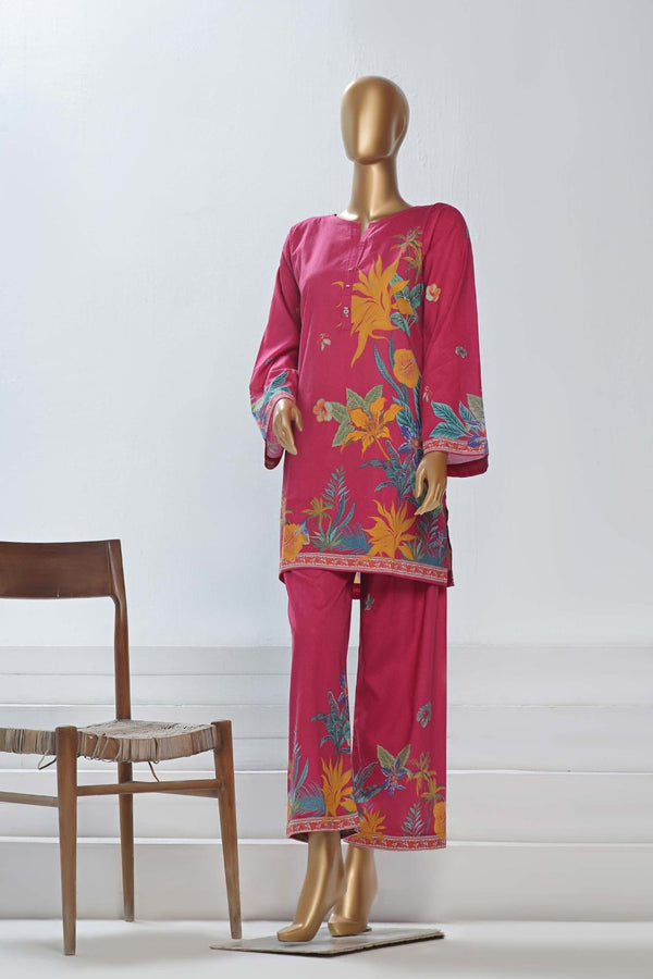 Lawn Co-ords - Stitched Printed Kurti & Trouser with Lace work - Pink