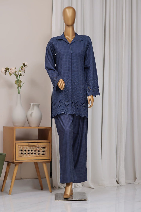 Cotton Jacqaurd Co-Ords - Stitched Embroidered 3piece with Schiffli work - Blue