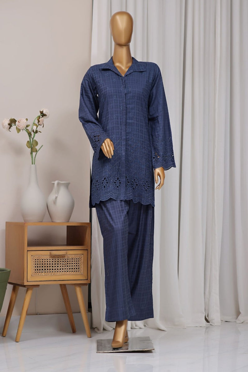 Cotton Jacqaurd Co-Ords - Stitched Embroidered 3piece with Schiffli work - Blue