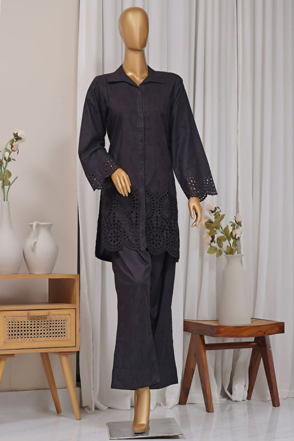 Cotton Jacqaurd Co-Ords - Stitched Embroidered 3piece with Schiffli work - Black