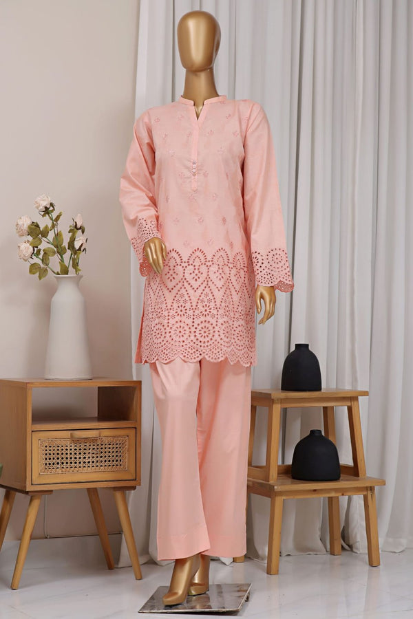 Cotton Jacqaurd Co-Ords - Stitched Embroidered 3piece with Schiffli work - Pink