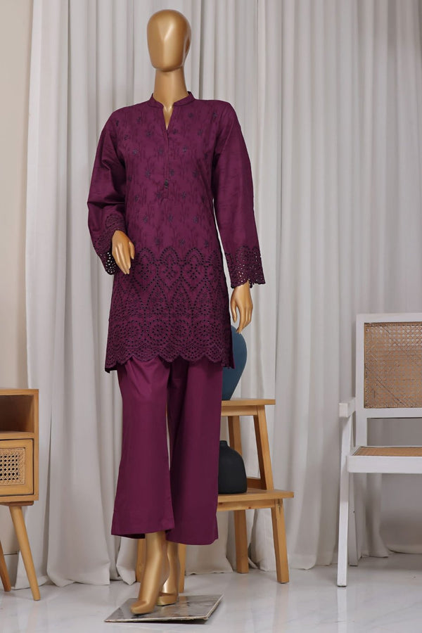 Cotton Jacqaurd Co-Ords - Stitched Embroidered 3piece with Schiffli work - Purple