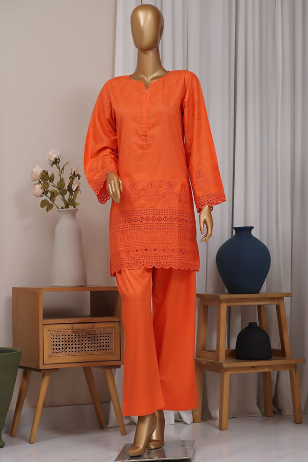 Cotton Jacqaurd Co-Ords - Stitched Embroidered 3piece with Schiffli work - Orange