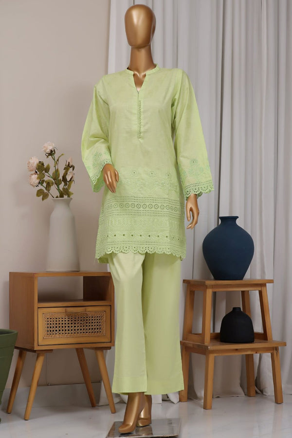 Cotton Jacqaurd Co-Ords - Stitched Embroidered 3piece with Schiffli work - Lime Green