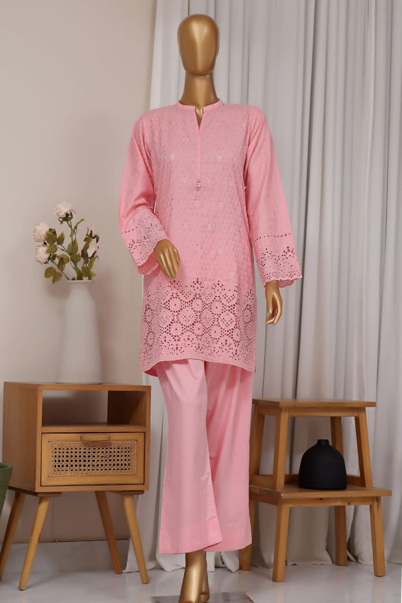 Cotton Jacqaurd Co-Ords - Stitched Embroidered 3piece with Schiffli work - B.Pink