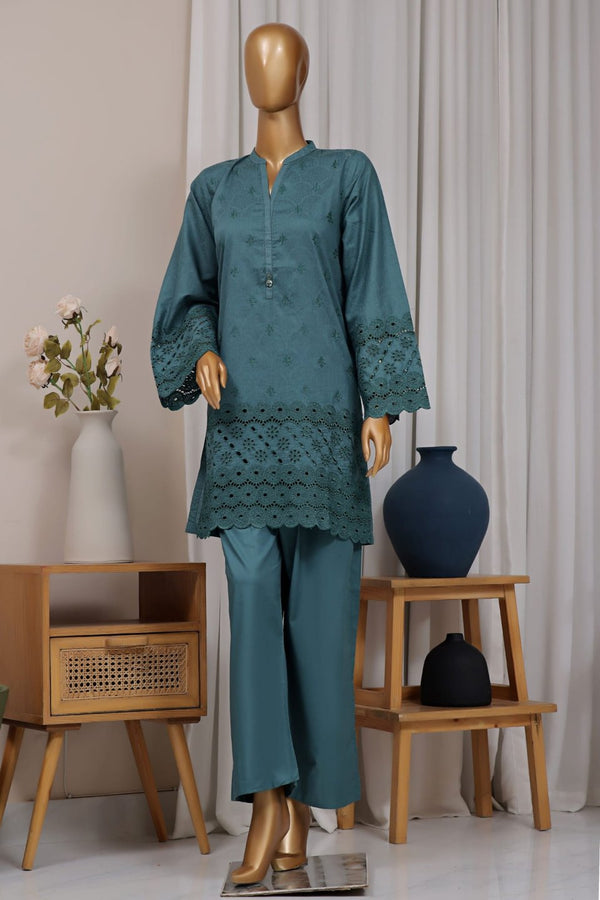 Cotton Jacqaurd Co-Ords - Stitched Embroidered 3piece with Schiffli work - Teal