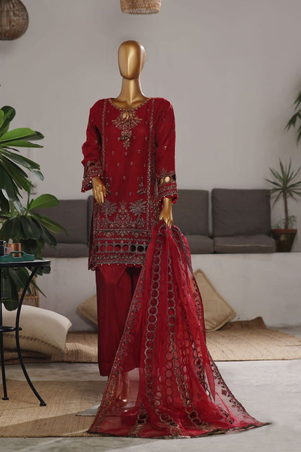 Organza - Stitched Embroidered Kurti & Dupatta with Hand work - Maroon