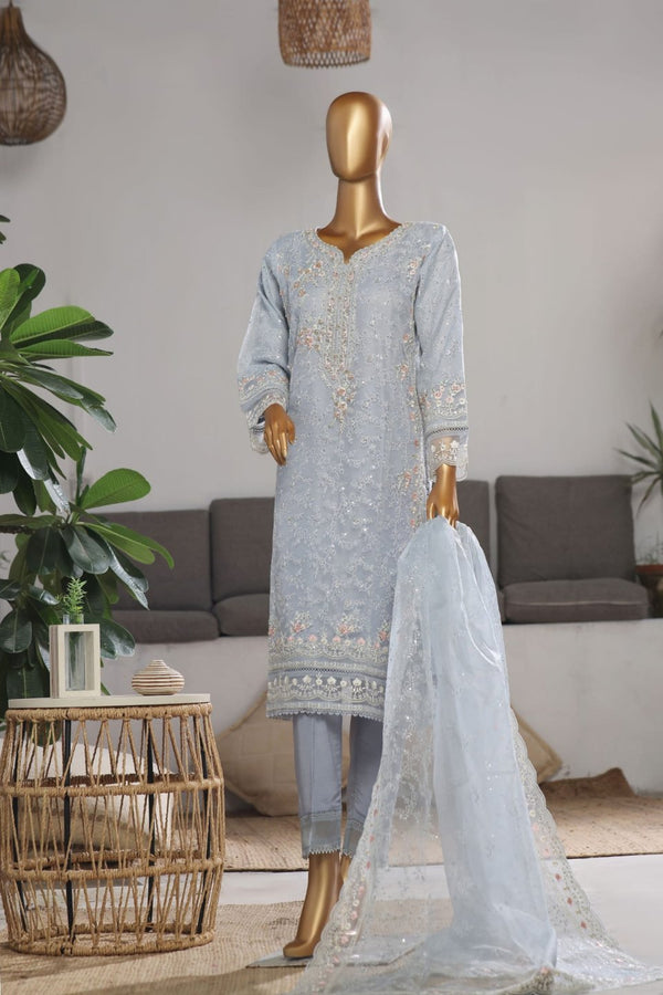 Organza - Stitched Embroidered Kurti & Dupatta with Hand work - Sky