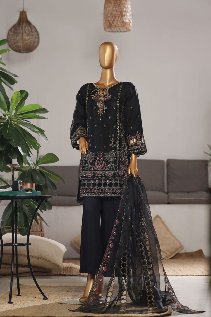 Organza - Stitched Embroidered Kurti & Dupatta with Hand work -Black