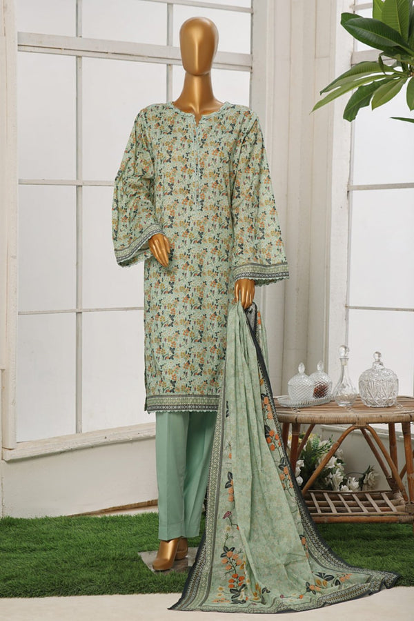 Cotton - Stitched Printed 3piece with Lace work - Pista