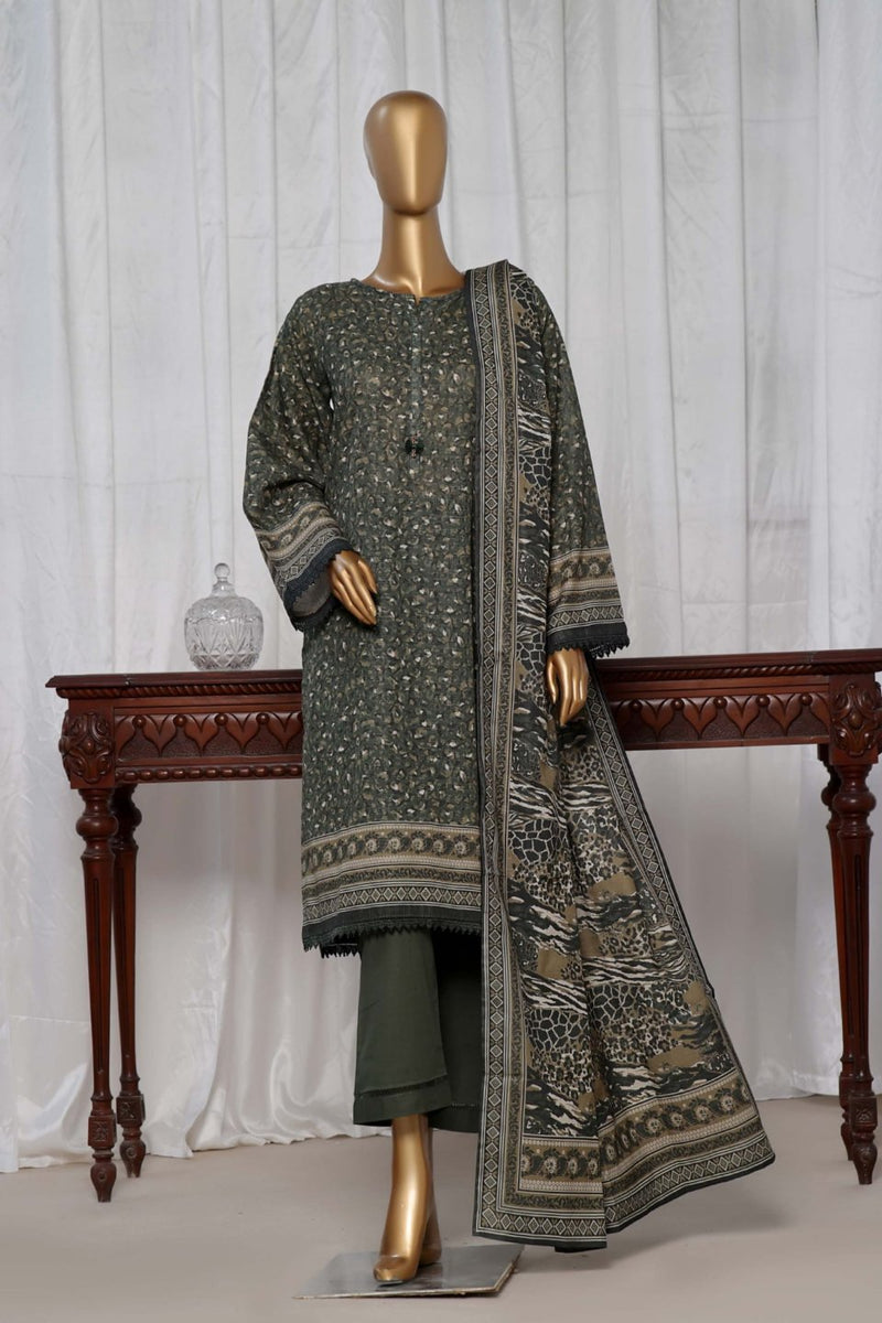 Khaddar - Stitched Printed 3piece with Lace work - D.Green