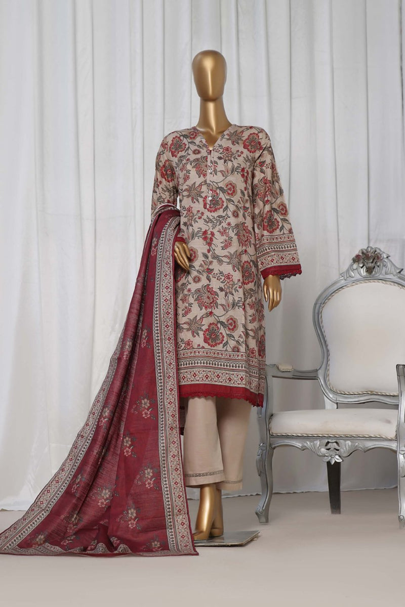 Khaddar - Stitched Printed 3piece with Lace work - Cream-Multi