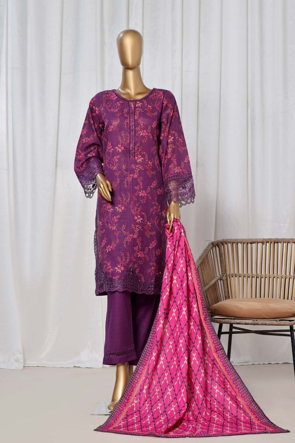 Khaddar - Stitched Printed  3piece with Embroidered Cut work - Purple